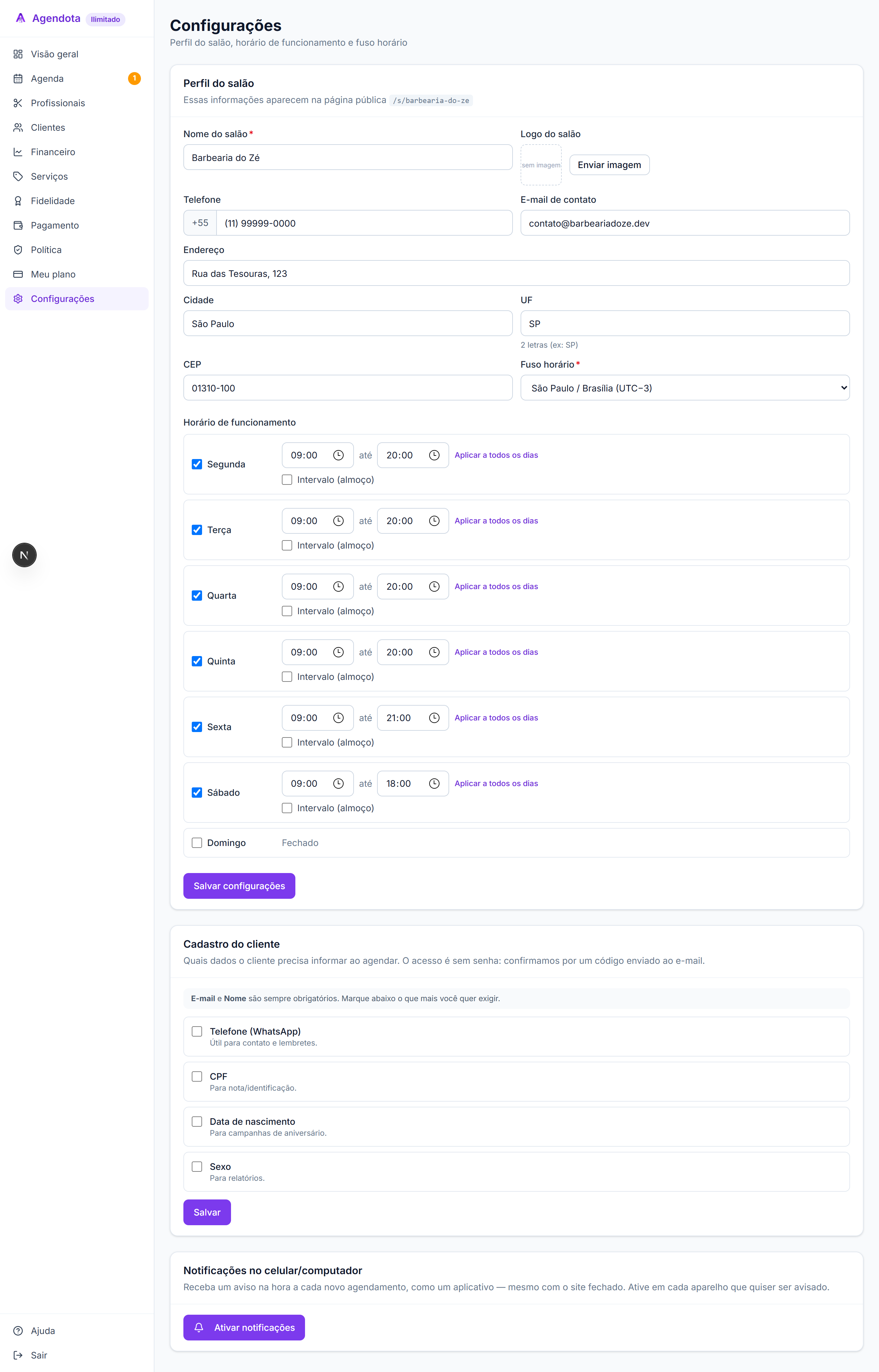 Tela de Configurações → Perfil do negócio