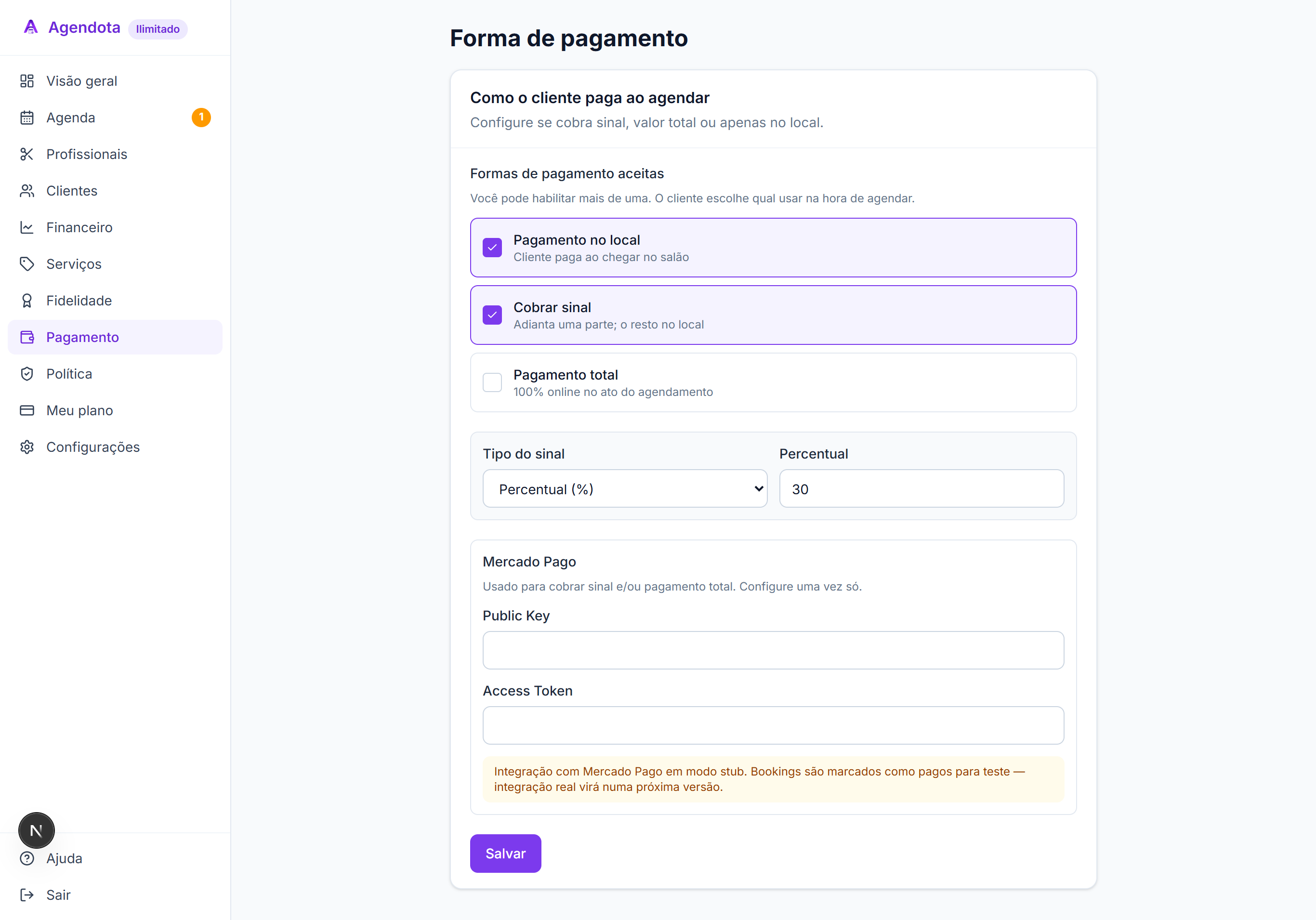 Tela de Pagamento: conectar Mercado Pago e ativar sinal
