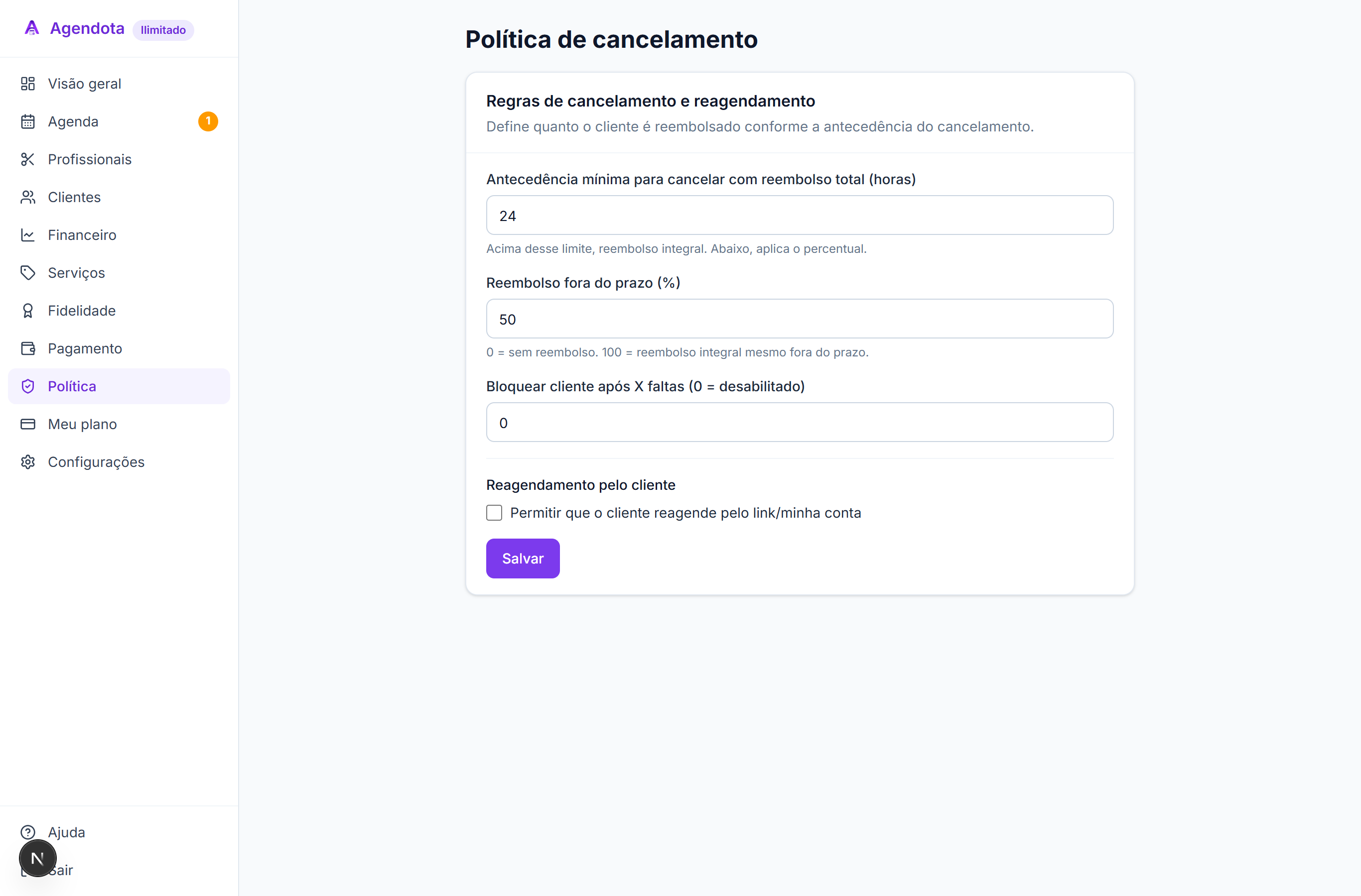 Tela de Política de cancelamento